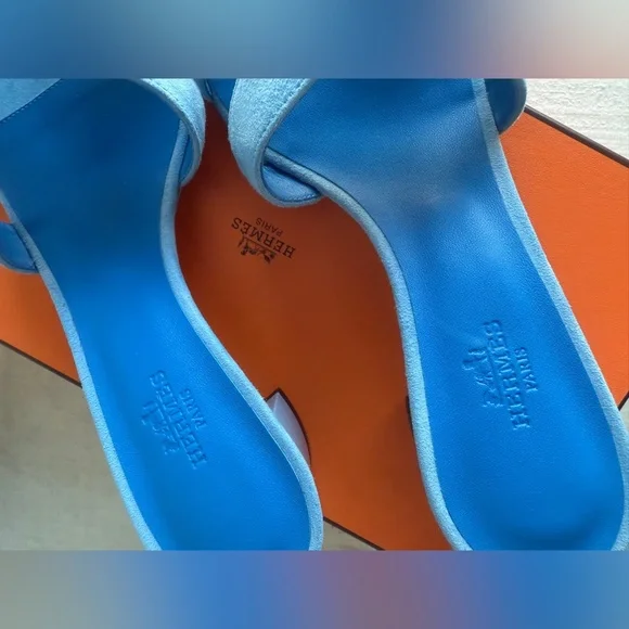 Hermes Bleu Cameo Oasis Sandals Velvet Goat size 37 - Picture 4 of 12
